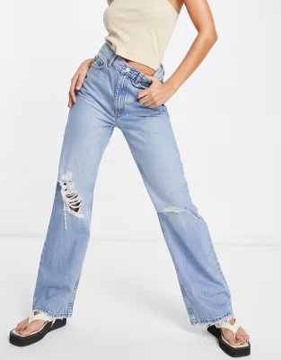 Dr Denim Echo straight leg jeans with rips in mid wash blue | ASOS | ASOS (Global)