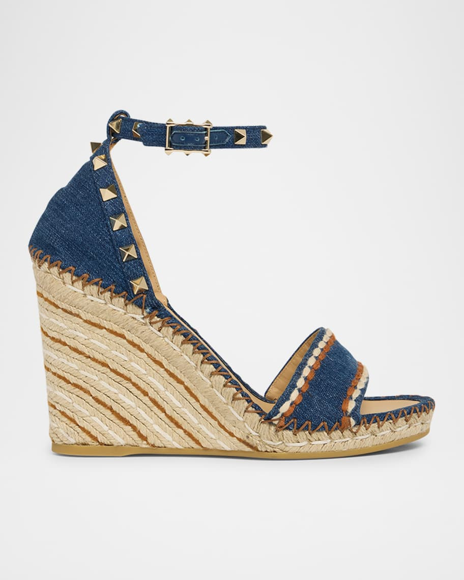 Valentino Garavani Rockstud Denim Wedge Espadrille Sandals | Neiman Marcus