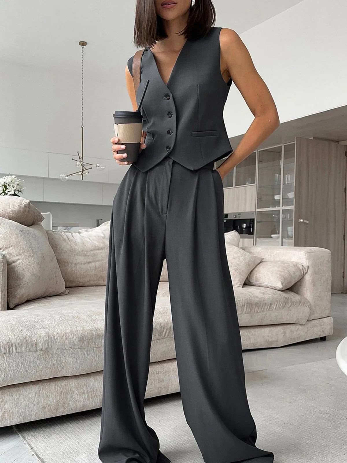 Solid V-Neck Waistcoat With Wide Leg Pants Set | Commense