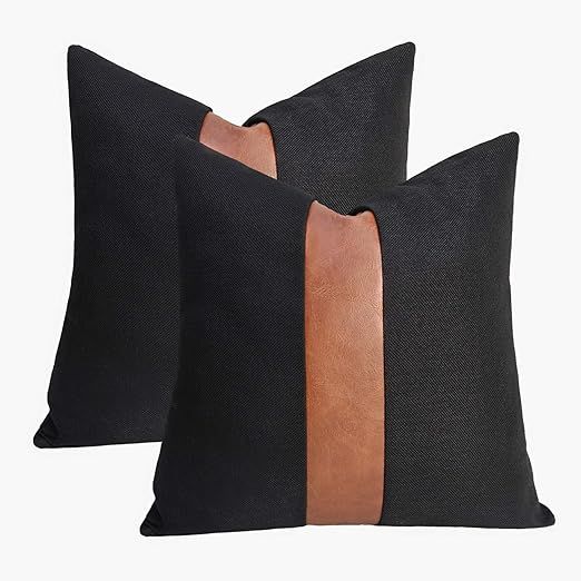 cygnus Set of 2 Black Linen Patchwork Faux Leather Throw Pillow Covers for Couch Living Room Bedr... | Amazon (US)