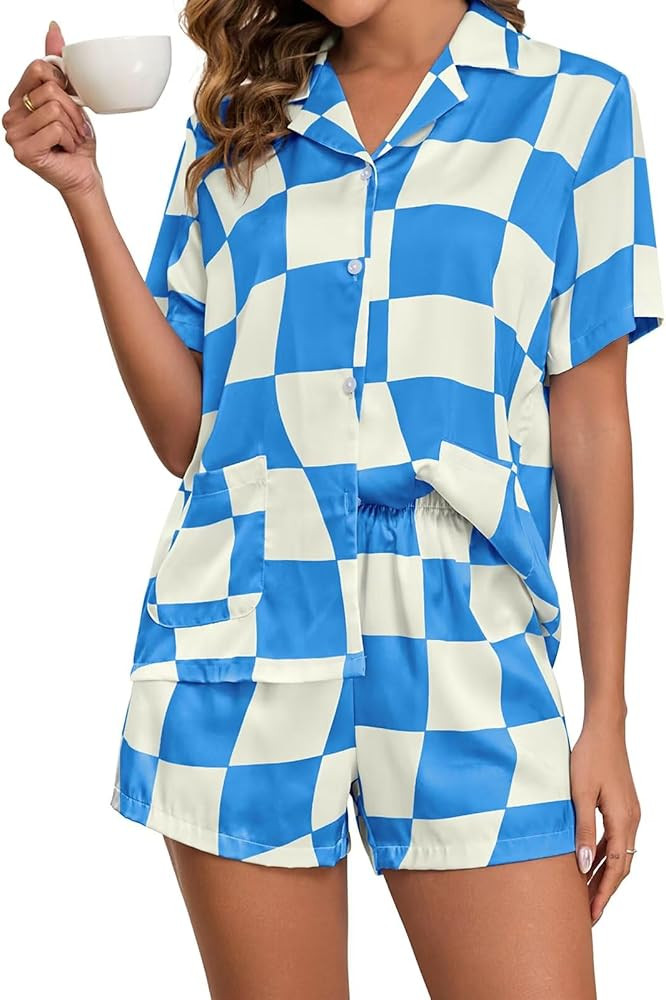 Brosloth Womens Silk Pajamas Summer Short Sleeve Floral Print Plaid Button Up Satin Pjs Set Loung... | Amazon (US)