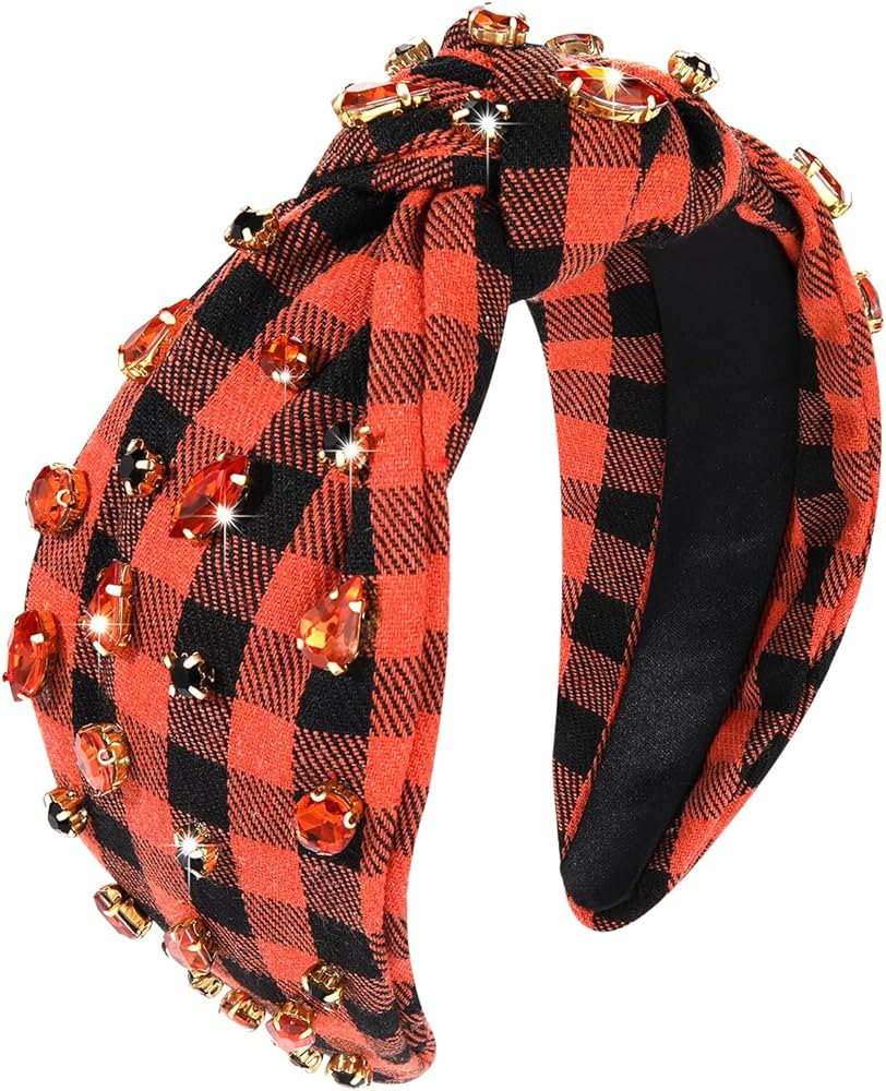 Halloween Headband for Women Black Orange Plaid Rhinestone Crystal Knotted Headband Jeweled Wide ... | Amazon (US)