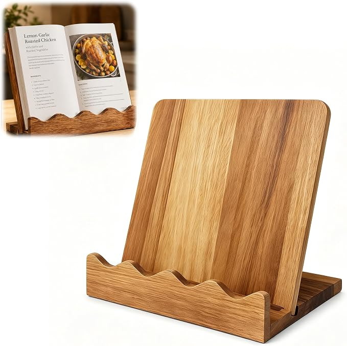 Wooden Cookbook Stand, 2 in 1 Scalloped Recipe Book Holder Cutting Board Keeps Cookbook or Tablet... | Amazon (US)