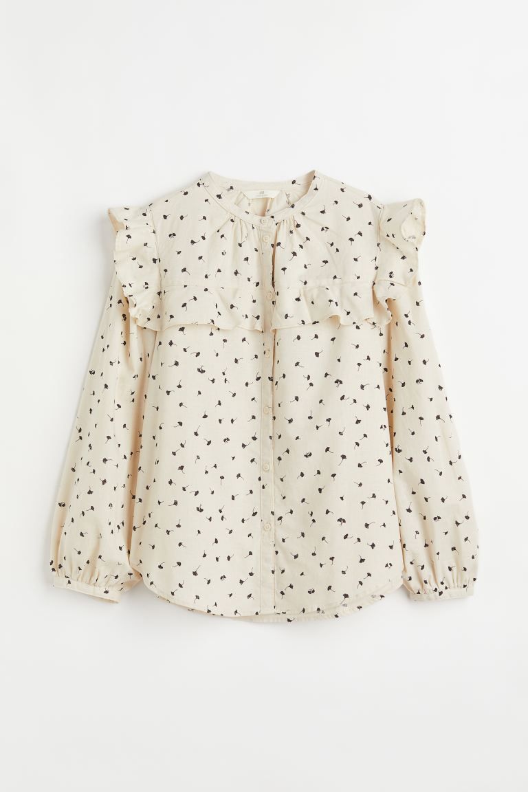 Blouse in a linen and cotton weave with a small stand-up collar and buttons down the front. Yoke ... | H&M (UK, MY, IN, SG, PH, TW, HK)