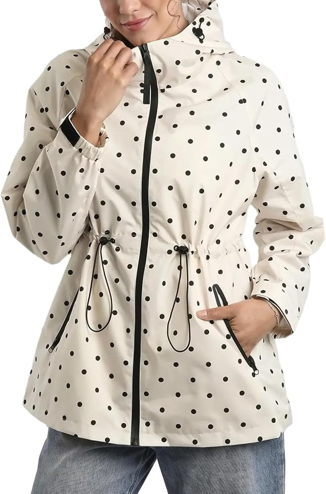 Womens Polka Dot Rain Jacket Lightweight Hooded Zip Up High Neck Raincoat Waterproof Coat with Zi... | Amazon (US)