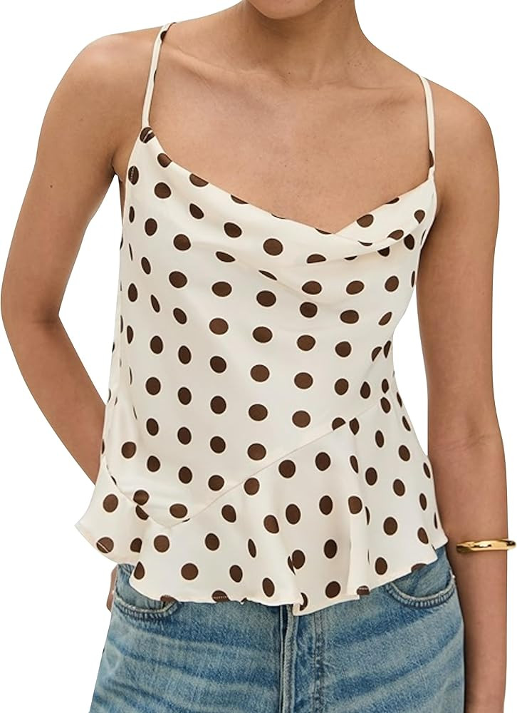 Women’s Polka Dot Satin Tank Top 2025 Sexy Tie Back Cowl Neck Sleeveless Cami Asymmetrical Ruff... | Amazon (US)