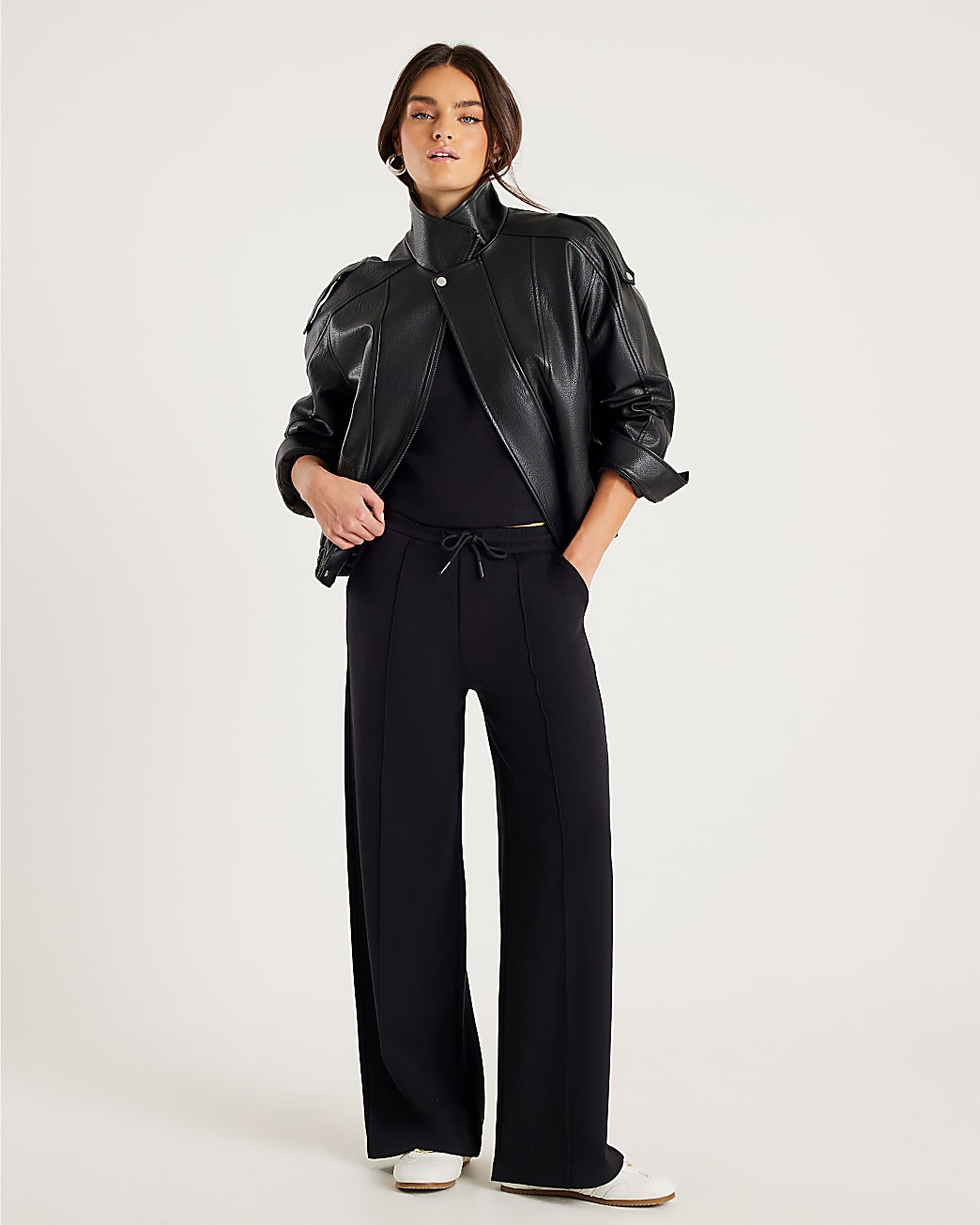 Black Premium Wide Leg Pintuck Joggers | River Island UK & IE