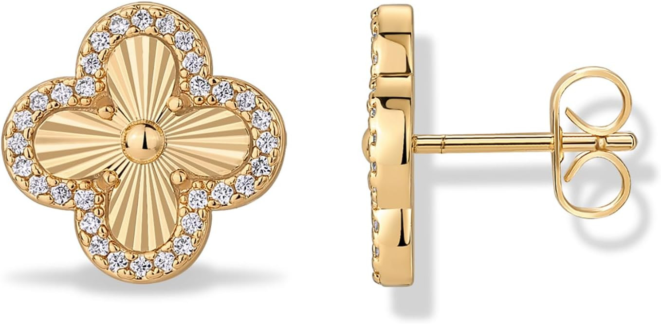 PAVOI Gold Clover Earrings for Women, 14K Plated CZ Four Leaf Clover Studs | Amazon (US)