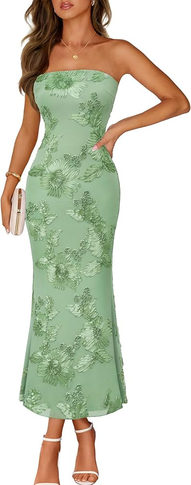 MEROKEETY Women's Floral Strapless Maxi Dress 2026 Summer Mesh Tube Bodycon Formal Wedding Guest ... | Amazon (US)