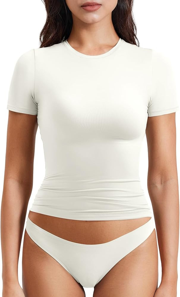 YEOREO Women Fitted Workout Tops Short Sleeve Double Lined Basic Y2K Going Out Crew Neck Compress... | Amazon (US)