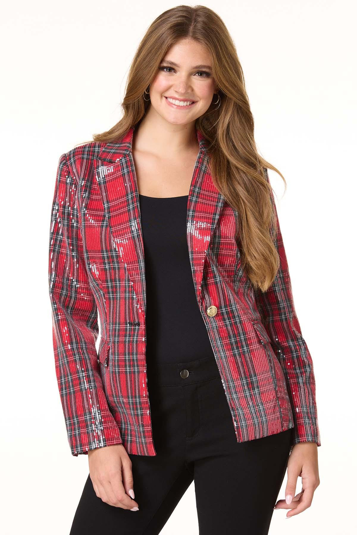 Holly Sequin Plaid Blazer | Cato Fashions