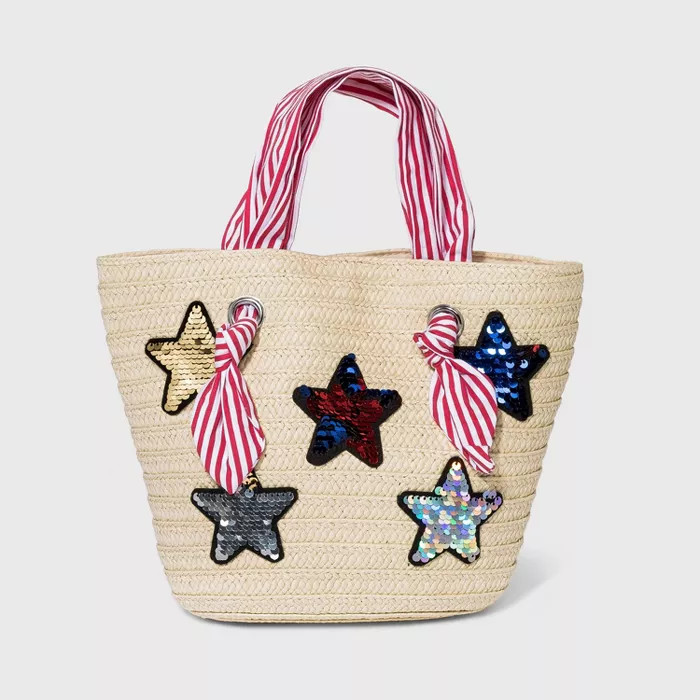 Girls' Paper Straw Tote with Sequin Star Handbag - Cat & Jack™ Tan | Target