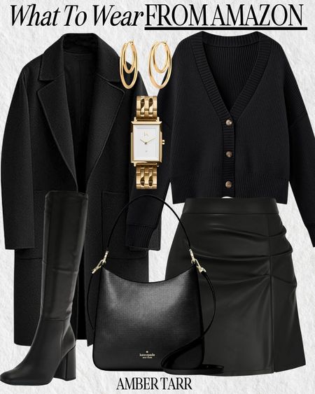 A classic all black styled with classic pieces making it easy to mix and match with other pieces. Faux leather skirt, cropped cardigan, and trench coat. 

#LTKfindsunder100 #LTKfindsunder50 #LTKover40