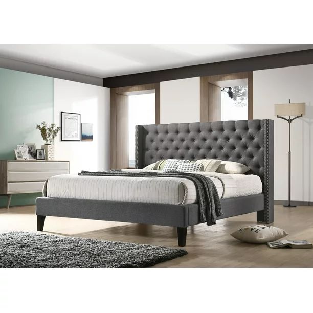 Pacifica King-Size Tufted Upholstered Platform Contemporary Bed in Gray Fabric | Walmart (US)
