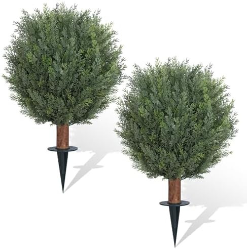 Artificial Cedar Topiary Ball Trees with Ground Spike Set of 2, 24.6inch UV-Resistant Faux Shrubs... | Amazon (US)