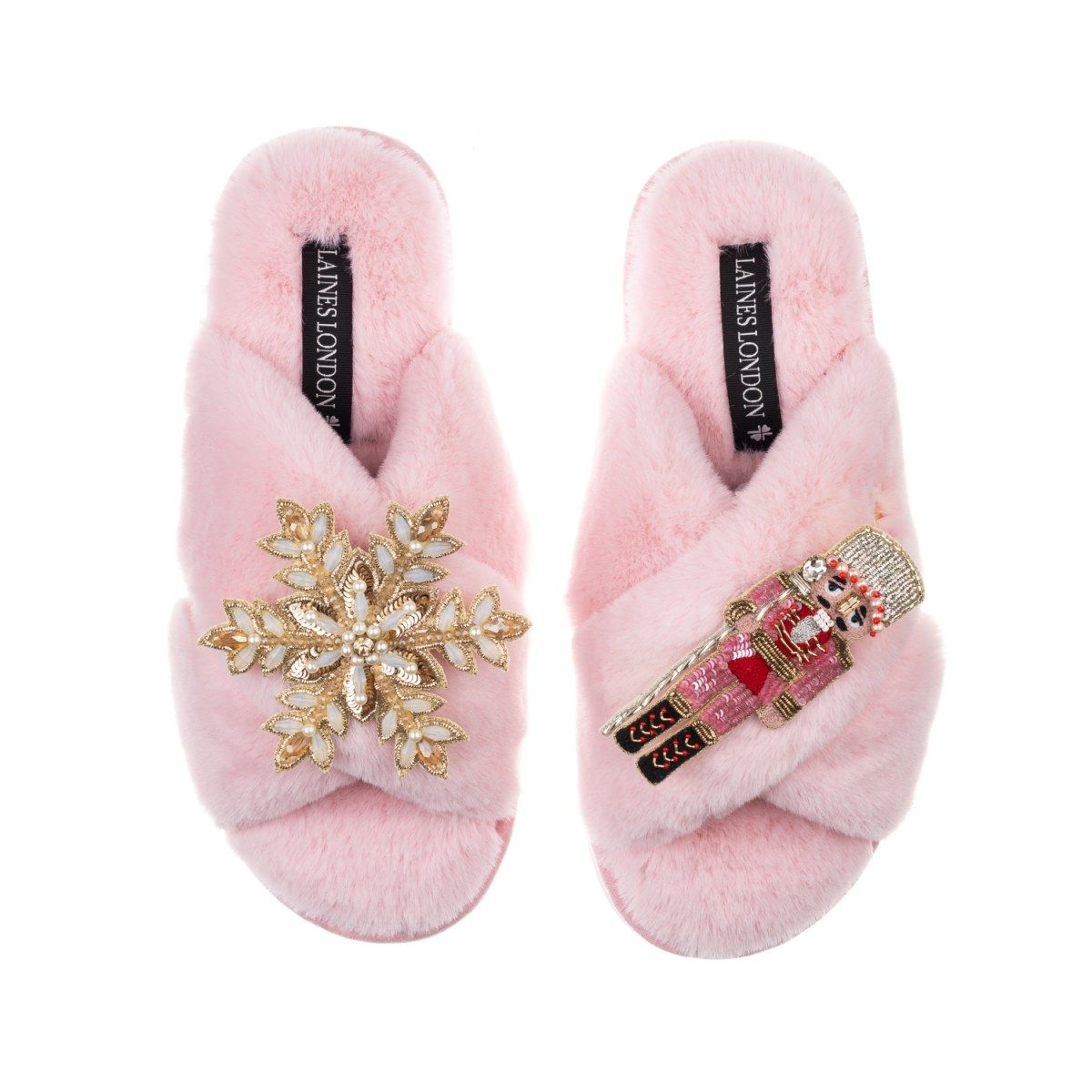 Classic Laines Slippers With Christmas Pink & Red Nutcracker & Snowflake Brooches - Pink | Wolf & Badger (US)