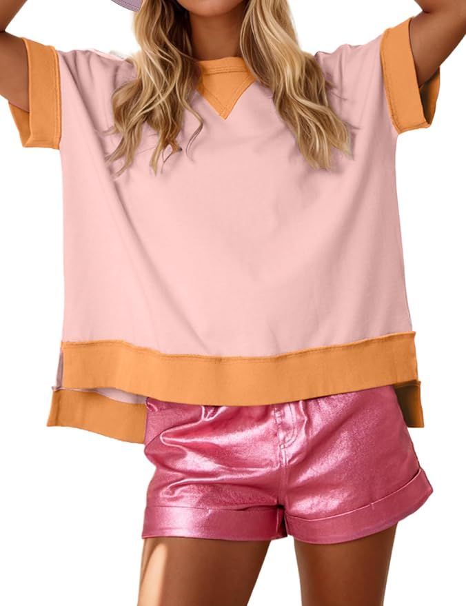Ymejia Women's Oversized Color Block Tops Short Sleeve Side Split High Low Hem Trendy Loose Fit Y... | Amazon (US)