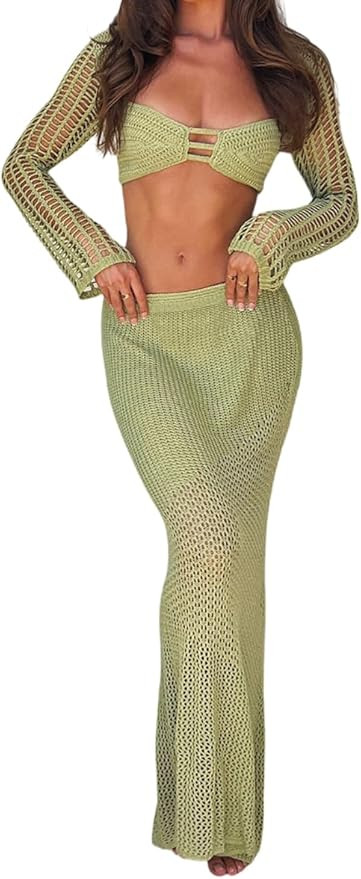 WOWARKI Knit Sets Two Piece Skirt Set Women Crochet Coverups Swimwear Hollow Out Long Sleeve Crop... | Amazon (US)