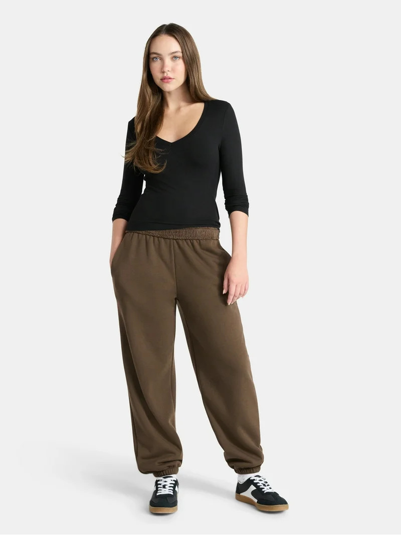 No Boundaries V-Neck Ribbed Top with Long Sleeves, Women’s | Walmart (US)