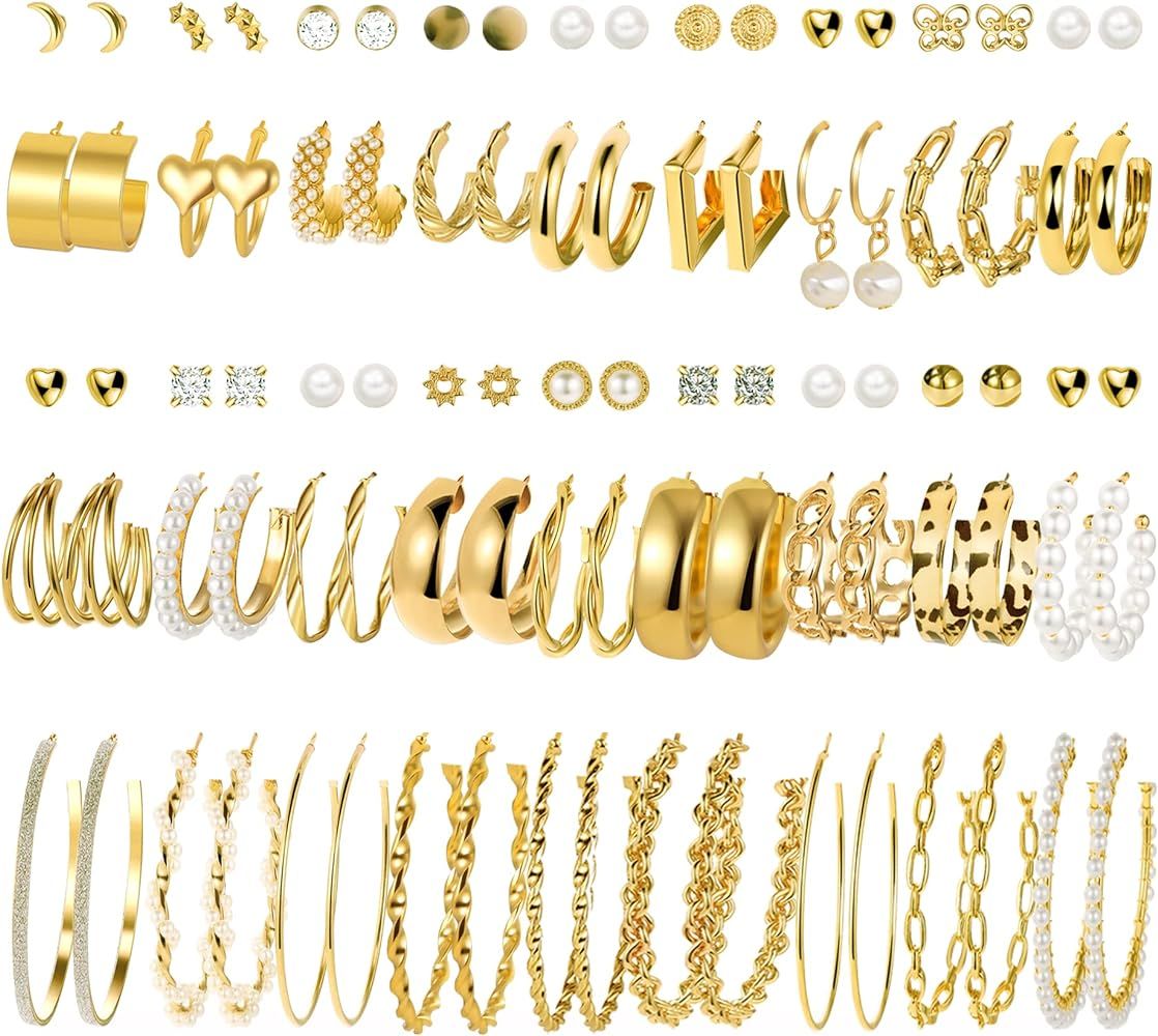 36 Pairs Gold Hoop Earrings Set for Women Girls Multipack, Hypoallergenic Chunky Chain Twisted Ho... | Amazon (US)