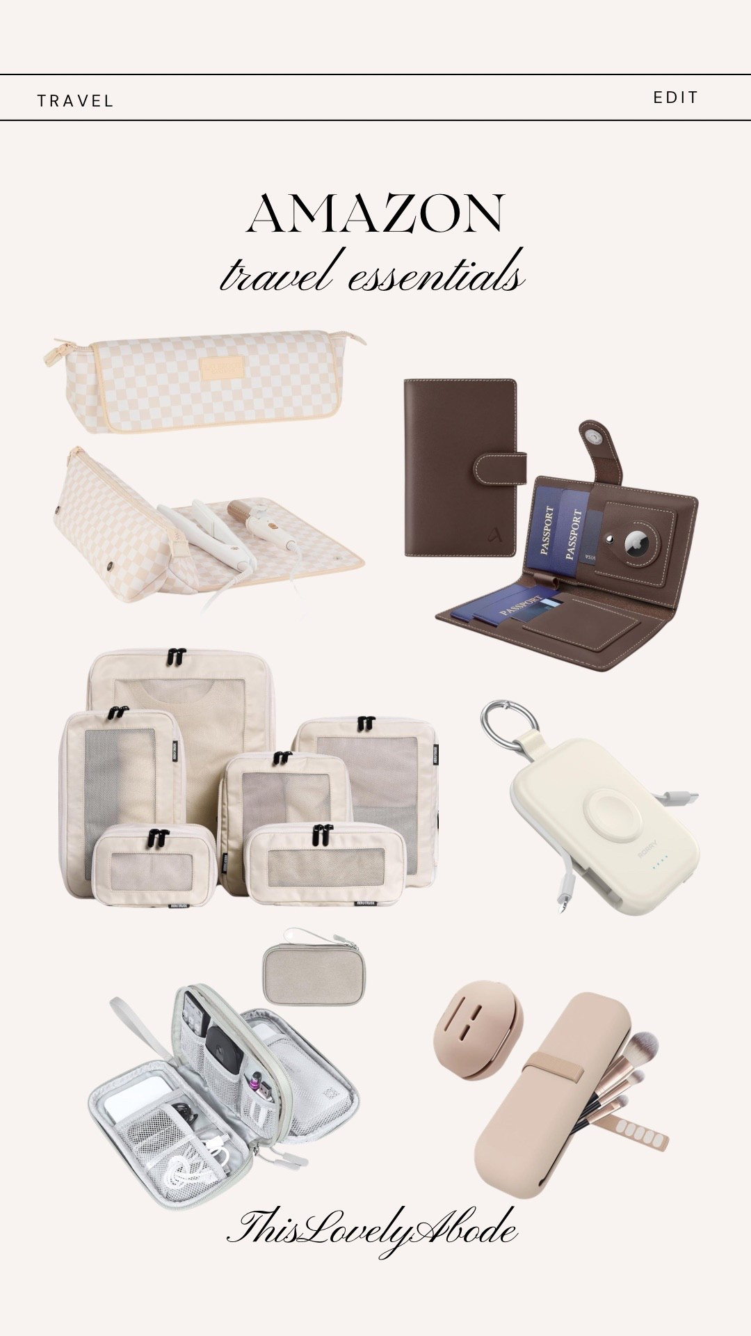 Amazon travel essentials 
#amazon #passportholder #packingcubes #cordorganizer #portablecharger #makeuporganizer

#LTKHome