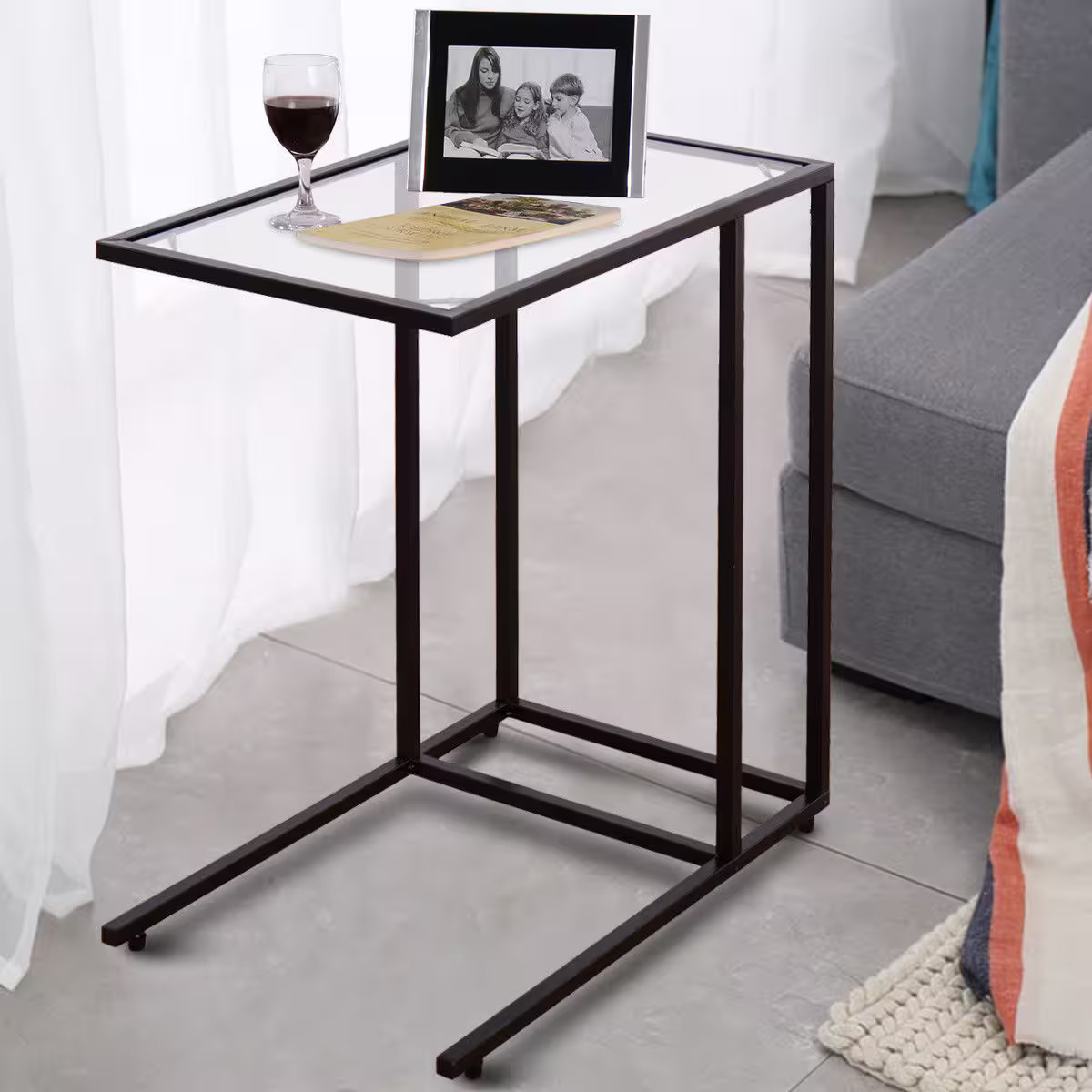 Costway - Coffee Tray Side Sofa End Table Ottoman Couch Stand TV Lap Snack W/Glass Top New - Black | Best Buy U.S.