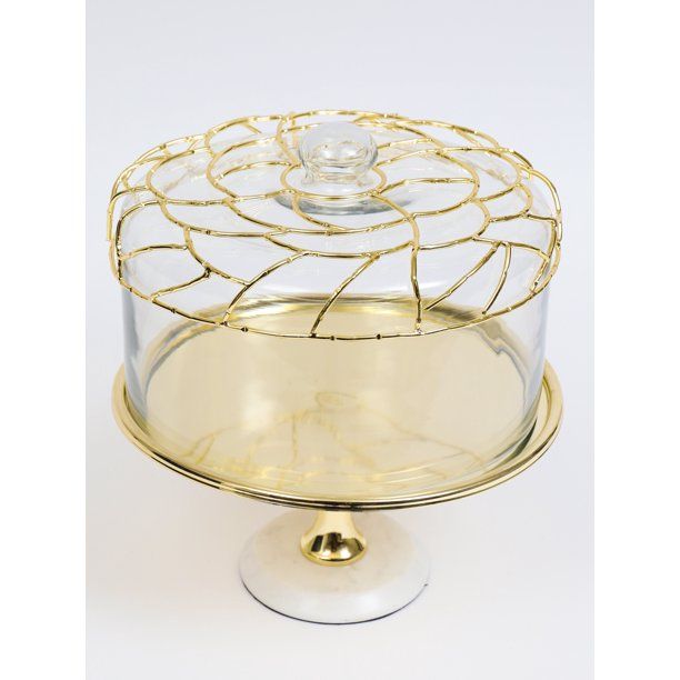 Inspire Me! Home Decor Gold Cake Stand with Glass Dome and Gold Mesh Design | Walmart (US)