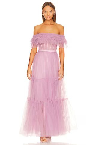 BCBGMAXAZRIA Off Shoulder Tiered Gown in Lavender Herb from Revolve.com | Revolve Clothing (Global)