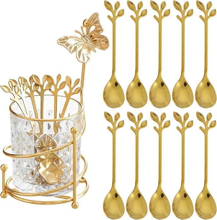 10PCS Coffee Dessert Spoons Set with Glass Holder,Small Stainless Steel Gold Leaf Tea Spoon, Mini... | Amazon (US)