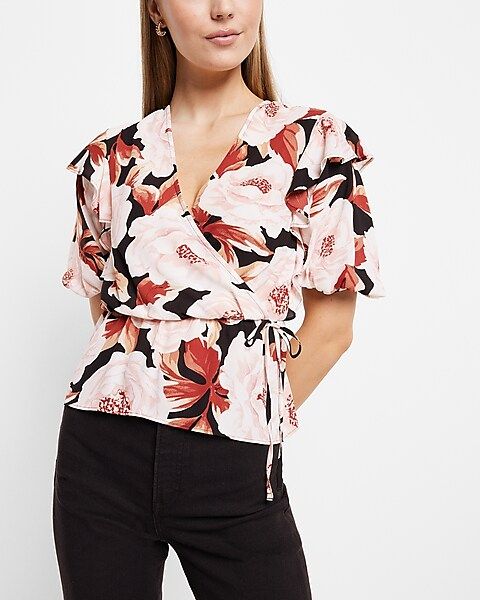 Floral Print Faux Wrap Puff Sleeve Peplum Top | Express