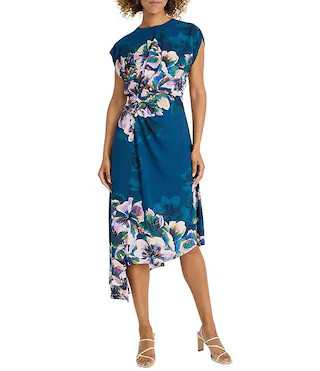 Georgette Floral Print Round Neck Cap Sleeve Asymmetrical Hem Blouson Midi Dress | Dillard's