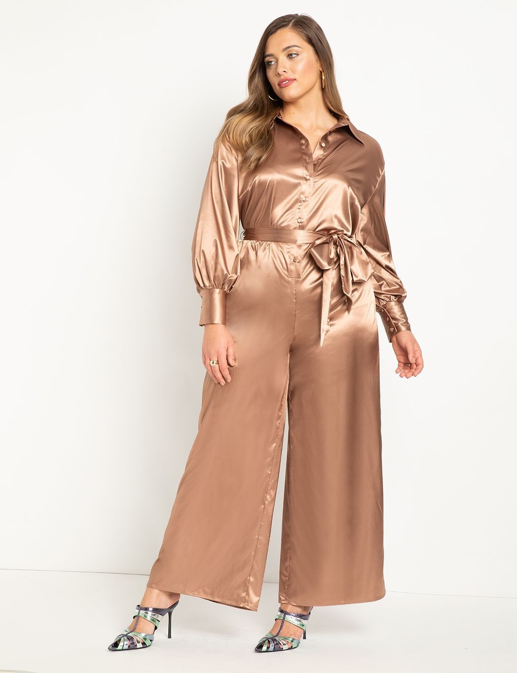 Satin Wide Leg Button Front Jumpsuit | Eloquii