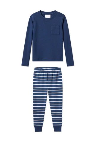Kids Pima Pocket Long-Long Set in Navy Breton Stripe | Lake Pajamas