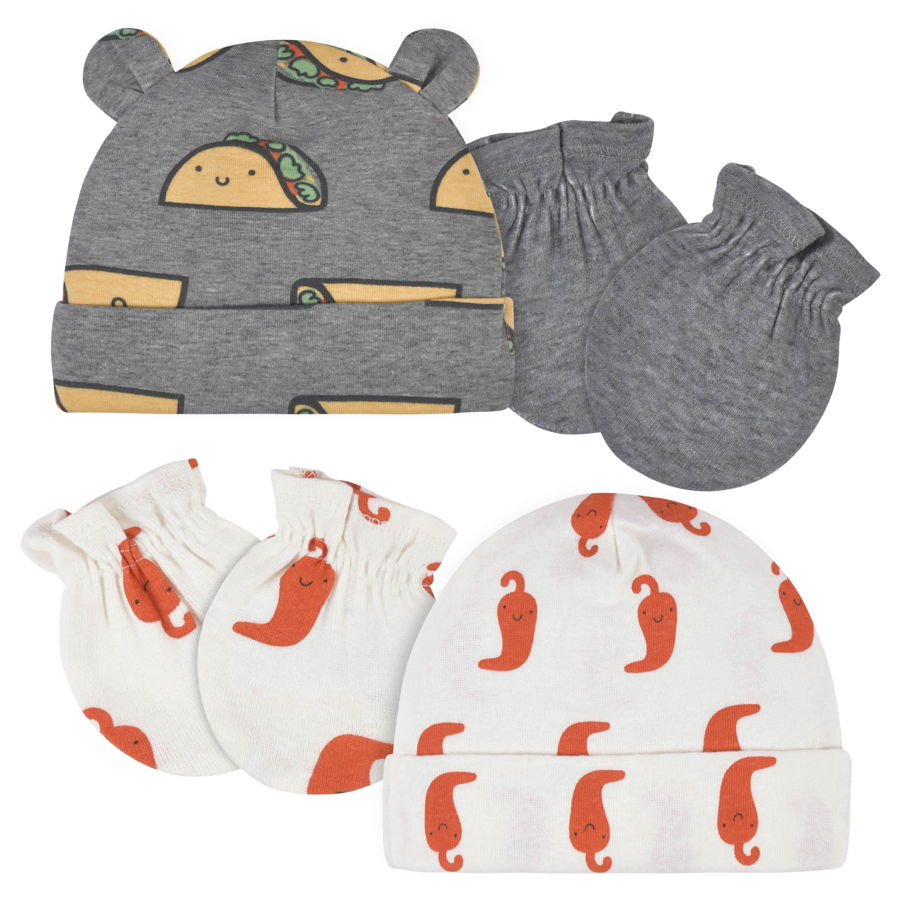 4-Piece Baby Neutral Comfy Stretch Taco Caps & No Scratch Mittens Set | Gerber Childrenswear
