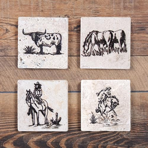 Paseo Road by HiEnd Accents Ranch Life Coasters for Drinks Set of 4, Black and White, Cowboy Cow Longhorn Horse Print, Western Rustic Cabin Lodge Farmhouse Style | Amazon (US)