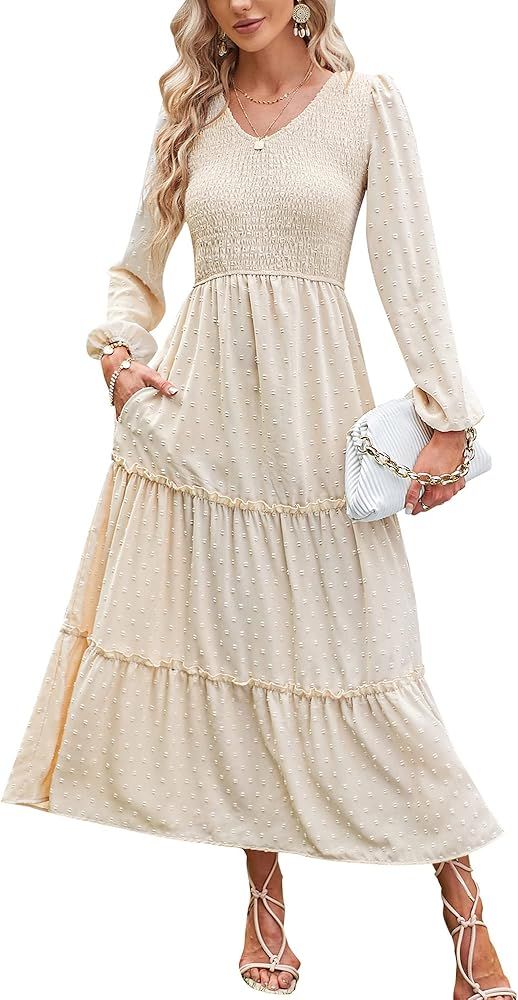 ZAFUL Womens V Neck Maxi Dress with Pockets Swiss Dot Smocked High Waist Long Sleeve Casual Tiere... | Amazon (US)