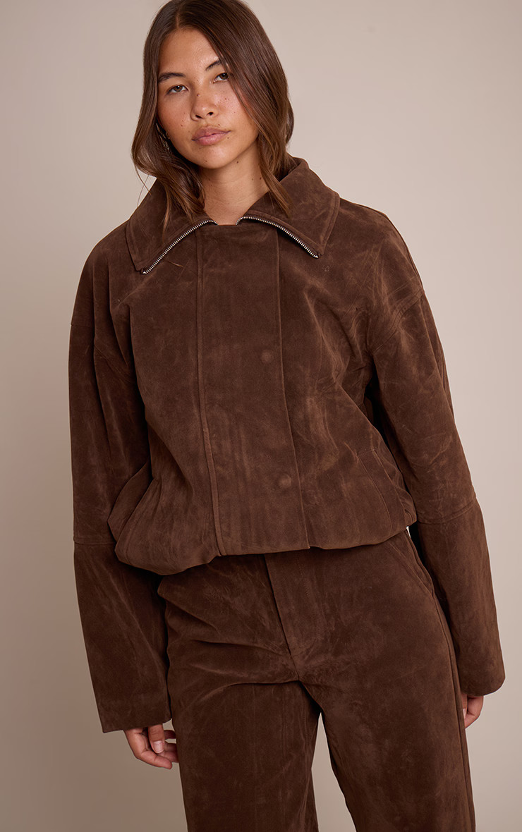 Dark Brown Suede Biker Jacket | PrettyLittleThing UK