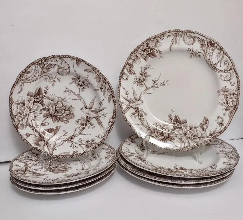 ONE Plate 222 FIFTH Adelaide Bird Peonies Sepia Taupe Brown Transfer Flowers Dinner Plate 10.75" ... | Etsy (Global)