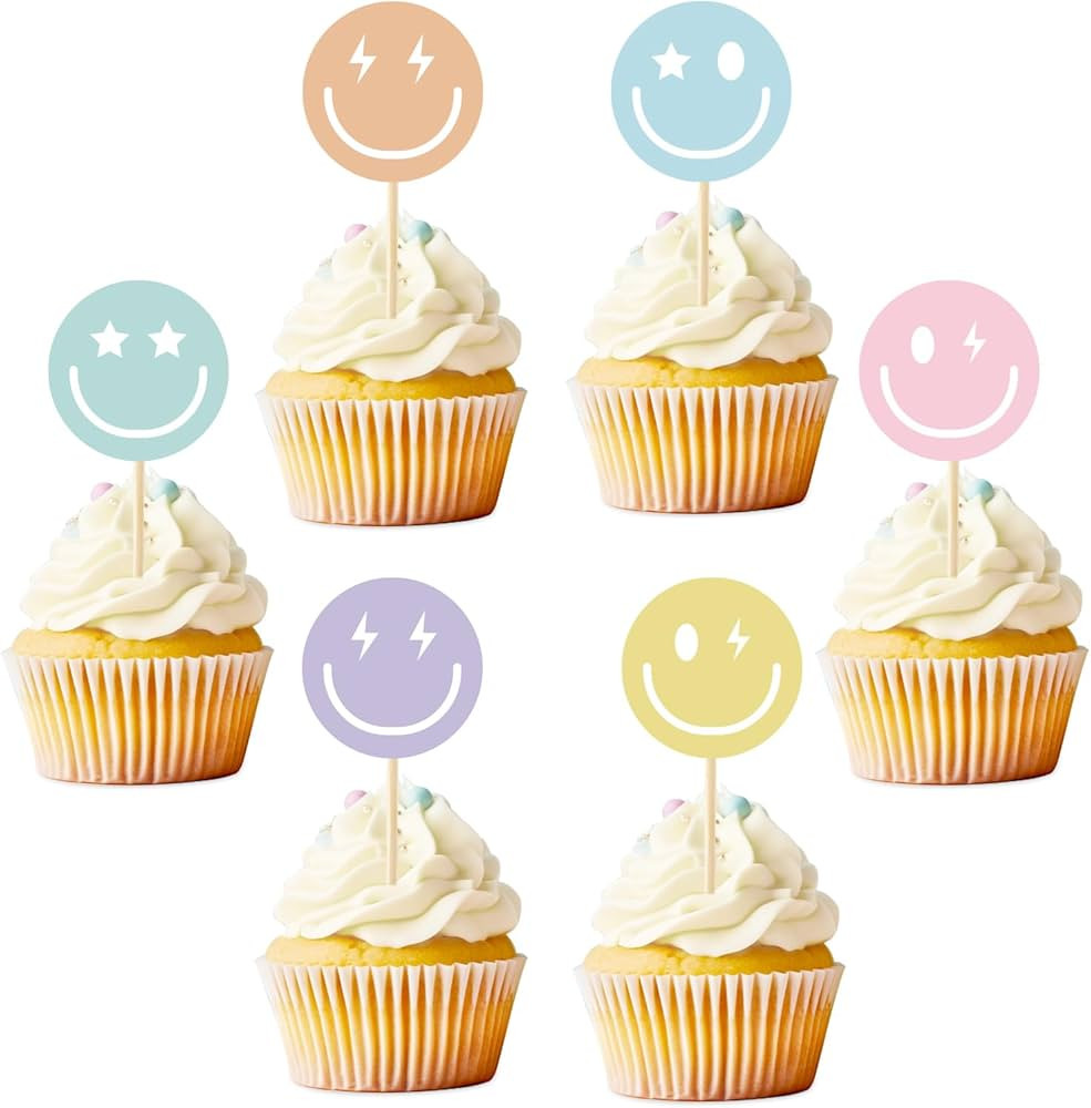 Whaline 36Pcs Preppy Smile Face Cupcake Toppers 6 Designs Paper Cake Decor Cute Cupcake Picks for... | Amazon (US)