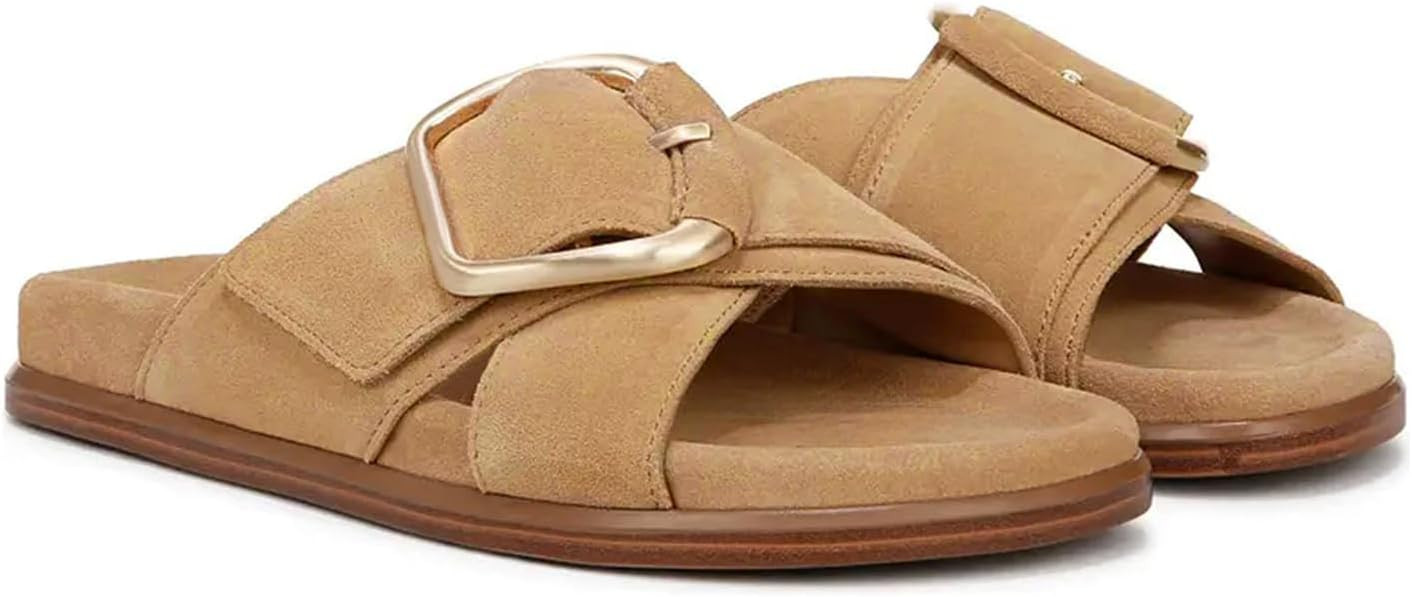 Flat Sandals for Women Comfortable Slide Sandals Summer Suede Leather Slides Vacation Beach Shoes | Amazon (US)