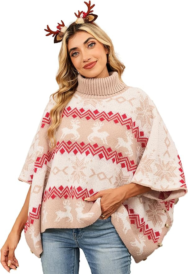SunnyMelody Womens Ugly Christmas Oversized Turtleneck Poncho Sweater 2025 Batwing Sleeve Reindee... | Amazon (US)