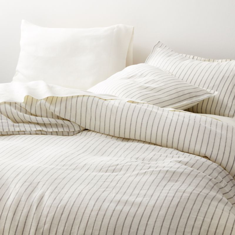 Pure Linen Wide Stripe Warm White Full/Queen Duvet Cover + Reviews | Crate & Barrel | Crate & Barrel