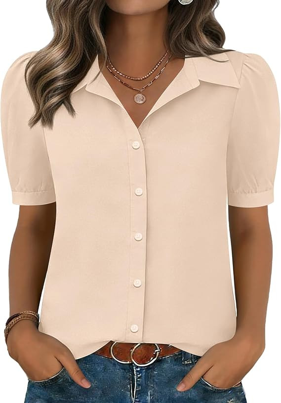 Zeagoo Women Button Down Shirts Puff Short Sleeve Blouses Chiffon Tops Business Casual Outfits Su... | Amazon (US)