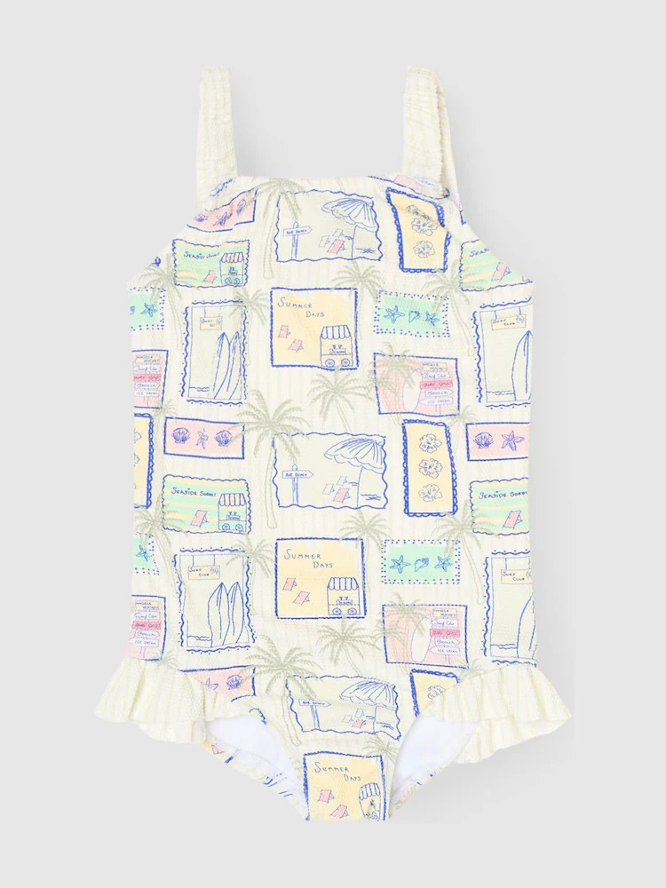 Angel & Rocket Blue Emmie Postcard Print Frill Detail Swimsuit | Next US