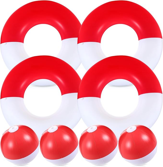 8 Pack Inflatable Quick Ball Pool Floats 35.4" Cartoon Red White Pool Floats Tubes with Beach Bal... | Amazon (US)