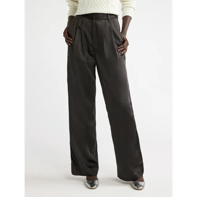 Free Assembly Women's High Rise Pleated Satin Trousers, 31” Inseam, Sizes 0-20 | Walmart (US)