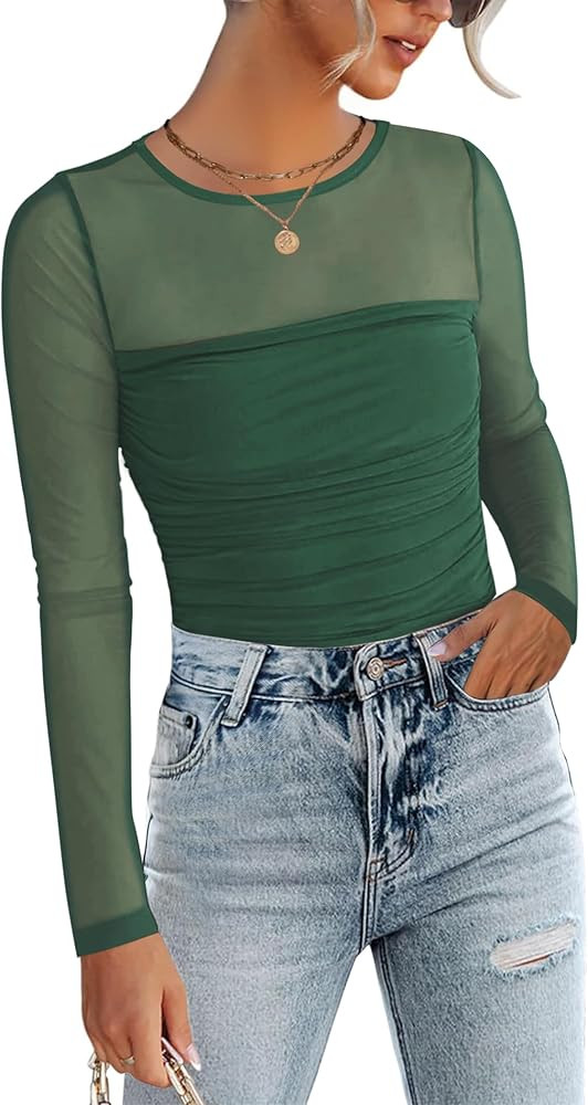 Zeagoo Long Sleeve Shirts for Women Sheer Mesh Sexy Blouses Fall Fashion Crewneck Going Out Tops | Amazon (US)