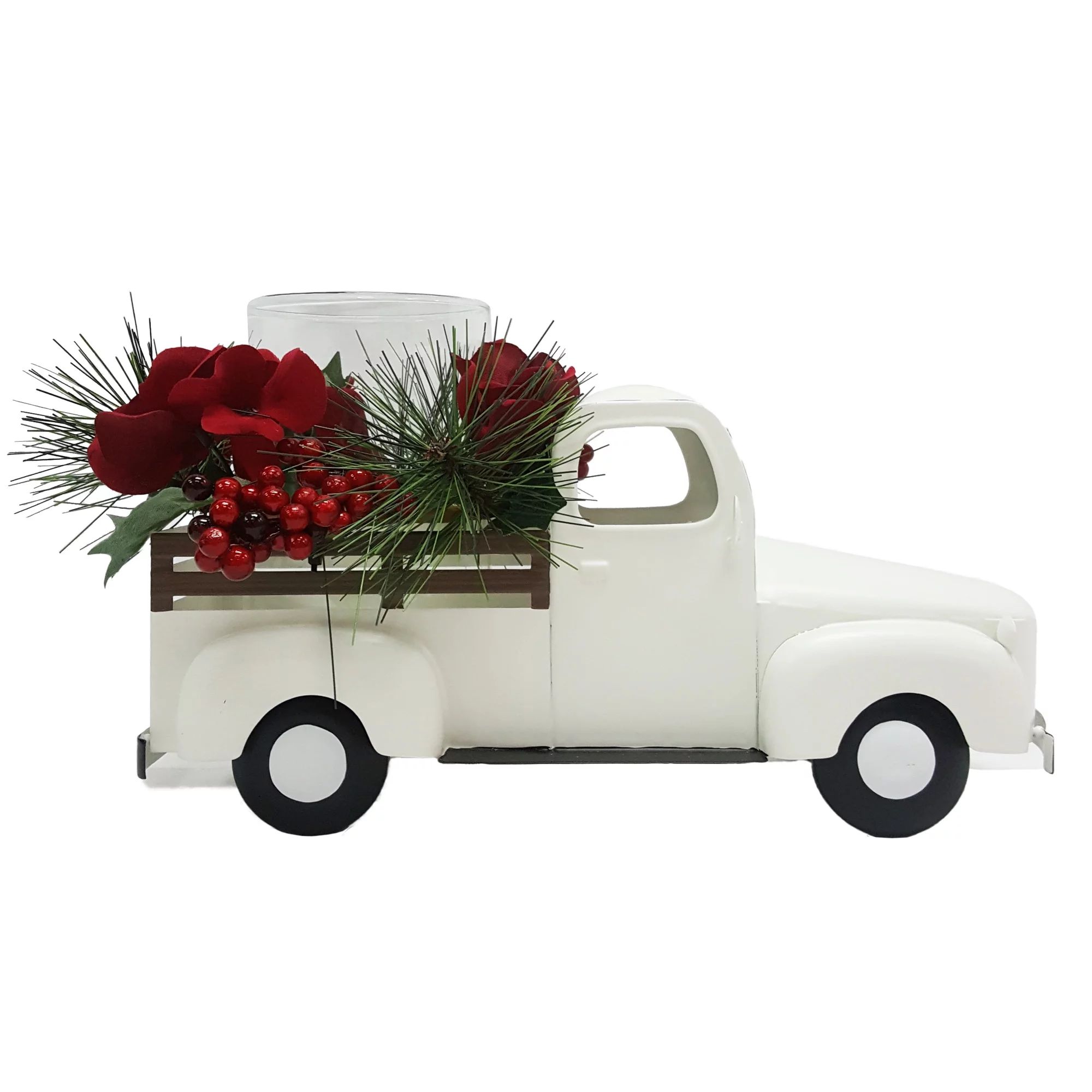 Holiday Time Artificial Floral Arrangement in White Metal Truck Vase, Candle Holder, Christmas De... | Walmart (US)
