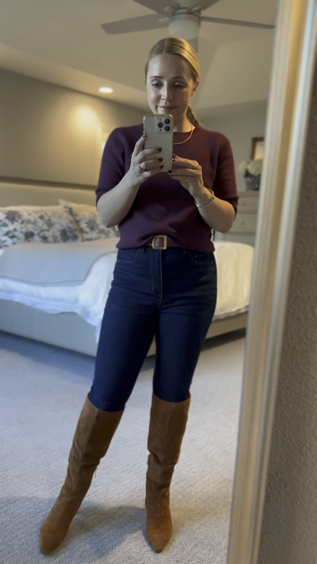 This sweater is still stocked in black and I love the short sleeve style for fall when it’s still warm out. Wearing small petite and fits tts. Rounding up other burgundy fall tops. Skinny jeans are older from Ann Taylor and I wear a 4 petite, fit tts. Boots come in wide calf for women with thicker legs, fit tts. 
Fall outfit, petite outfit, burgundy sweater, jeans, petite jeans, boots, knee high boots. 

#LTKSaleAlert #LTKFindsUnder100 #LTKVideo