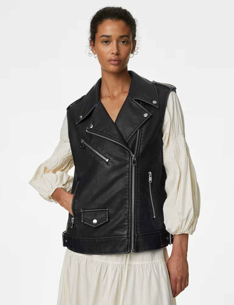 Faux Leather Aged Relaxed Biker Gilet | Marks & Spencer (UK)